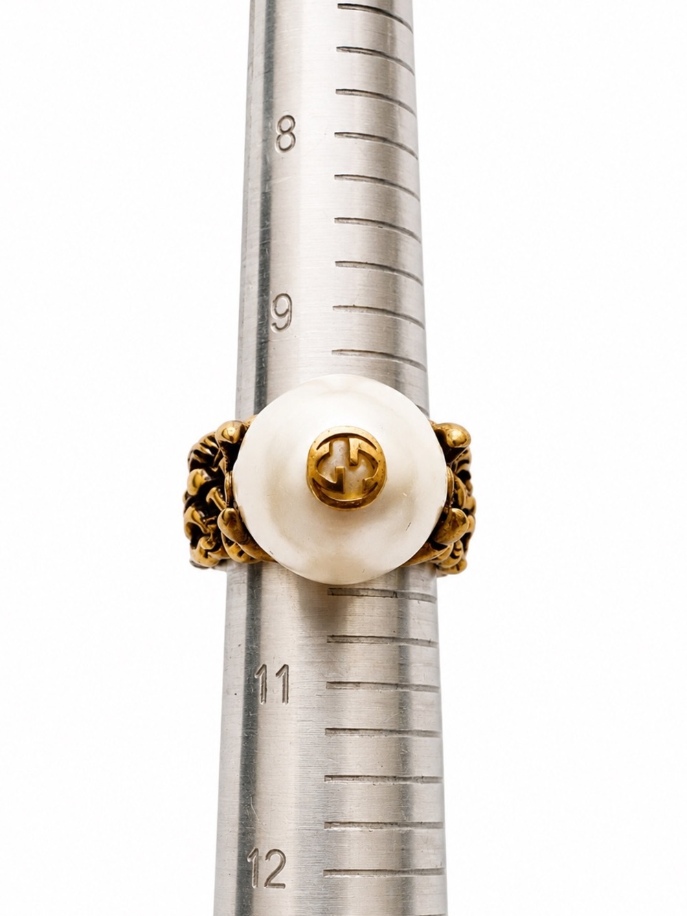 Gucci Large Decorative Interlocking GG Logo Peal Lion Mane Wide Band Ring 9.5